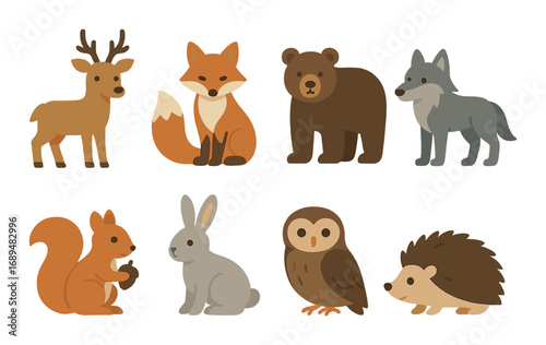 Cute woodland animals illustration featuring deer, fox, bear, wolf, squirrel, rabbit, owl, and hedgehog