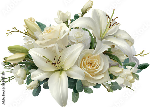 easter basket floral arrangement, white lilies and roses with greenery, on a transparent background png cutout for easy color-swapping painting.