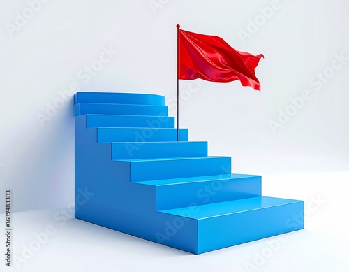 Blue Stairs to Success with a Red Flag at the Top on white background 