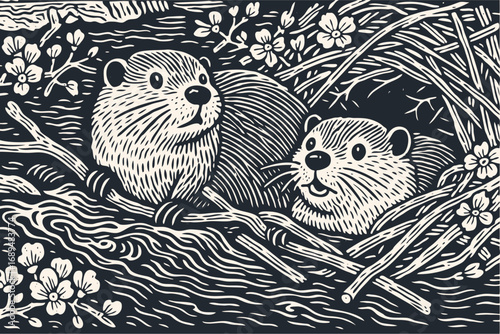 Two cute beavers work together to build a dam with sticks. A charming monochrome vector illustration in a vintage woodcut or linocut printmaking style.