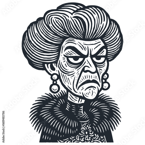 Portrait of a grumpy old woman, an evil stepmother or fairytale villain. Monochrome vector illustration in a vintage woodcut or linocut printmaking style.