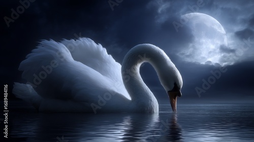 Elegant White Swan in Moonlight: Serene Aquatic Bird at Night with Reflections on the Water