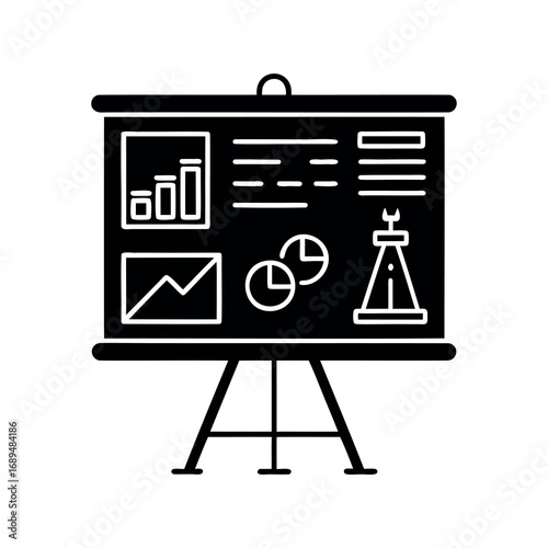 Presentation whiteboard with different types of charts and graphs for business meeting