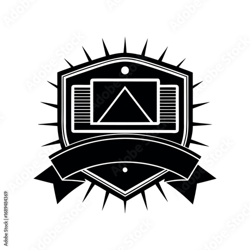 Black and white shield crest with triangle, banner and spike elements