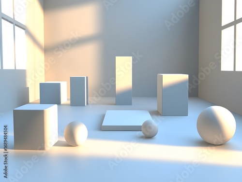 Minimalist White Cubes Spheres Room Sunlight Studio Product Display Mockup