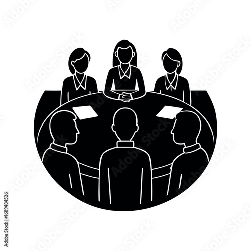 Illustration of people sitting around a round table discussing business matters