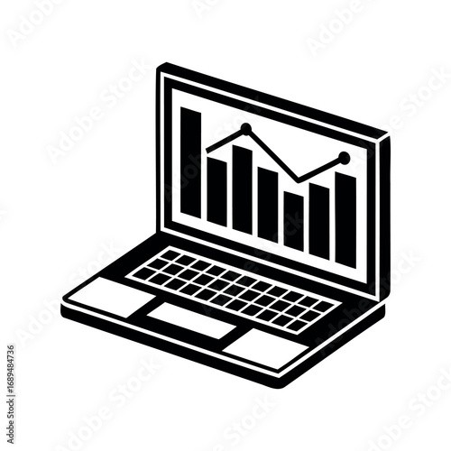 Isometric laptop with statistical chart data represented on the screen display
