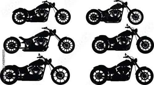 Silhouette set of chopper motorcycles, custom bike vector icons, classic cruiser side view, black retro motorcycle shapes, vintage motorbike illustration, biker style clipart