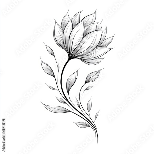Elegant black and white floral design with intricate lines, showcasing a stylized flower and leaves.