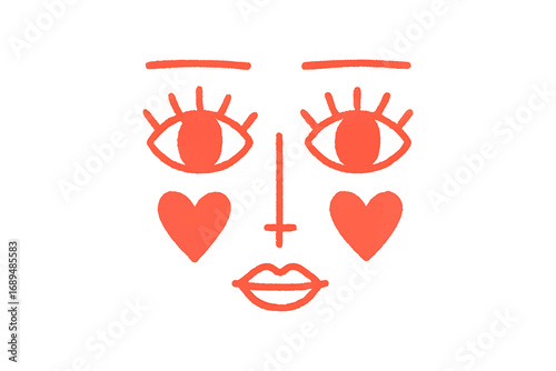 Coral Red Minimalist Face – Heart Blush & Spiky Lashes