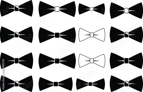 Black and white bow tie icons, vector bowties set, formal wear clipart, fashion accessory symbols, stylish gentleman neckwear illustration