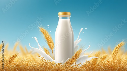 Fresh Beverage in a Glass Bottle with Golden Lid Surrounded by Wheat Field and Splash Against a Blue Sky