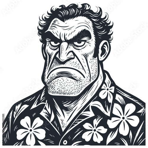 Portrait of a grumpy, tough-looking man in a Hawaiian shirt. An angry bully or gangster. Monochrome vector illustration in a graphic novel ink style.