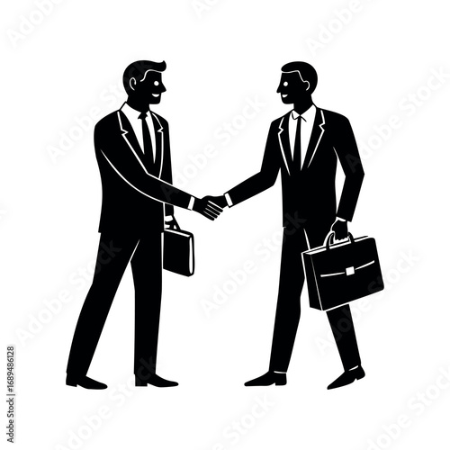 Two professional businessmen shaking hands in silhouette with briefcases representing collaboration agreement