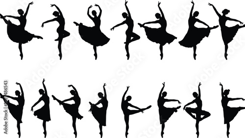 Silhouette of elegant ballerinas dancing, ballet poses collection, female dancers in motion, graceful movement, classical dance art silhouettes, black background