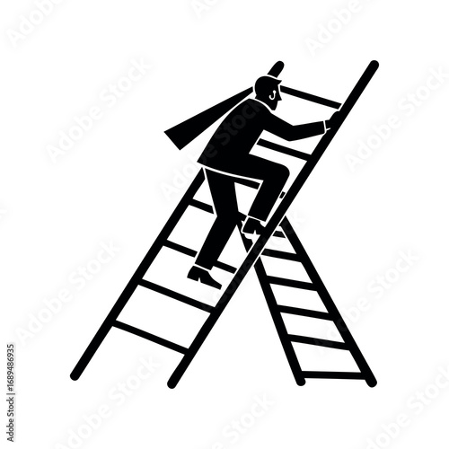 Ambitious businessman climbing a ladder to reach the top, illustration symbol