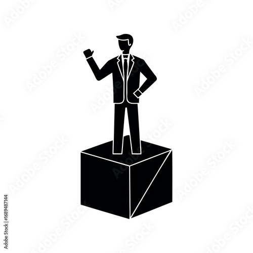 Illustration of confident businessman standing on a cube, expressing success and leadership