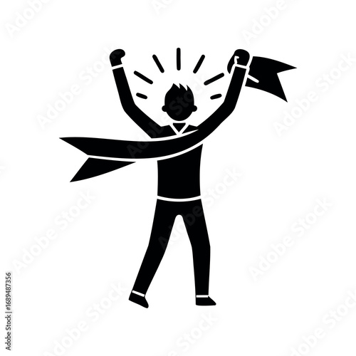 Illustration of a triumphant person crossing a finish line with a ribbon
