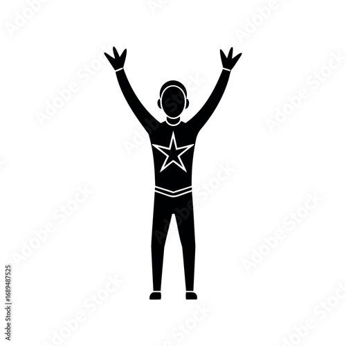 Silhouette of a person with raised hands wearing star shirt