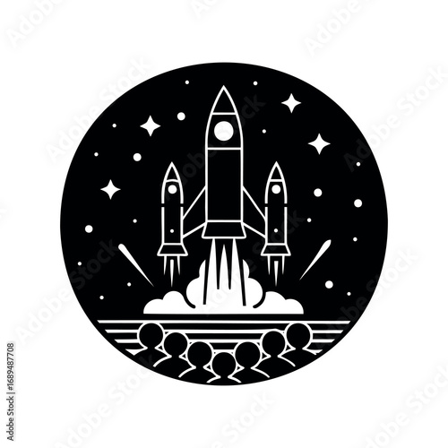 Spectators watch a rocket launch to space in a monochrome black circle image