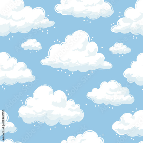 Fluffy white clouds drifting across a bright blue sky scattered with tiny sparkling dots