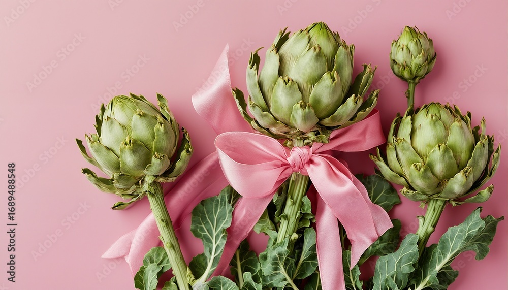 Obraz premium a flat lay of fresh green artichokes tied with a pale pink ribbon against a matching pink background.