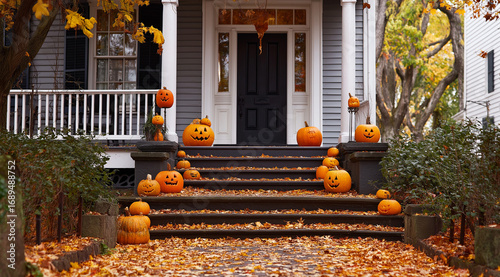 a photo of the front steps and porch of an american house decorated with pumpkins for halloween, with leaves scattered around