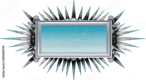 Ornate silver frame with starburst design around a soft blue gradient background space