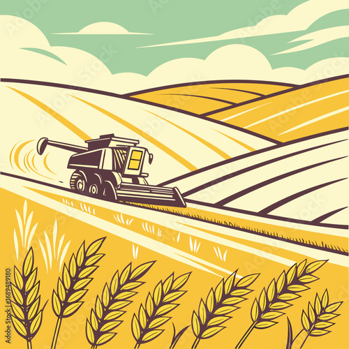 Retro style landscape with combine harvester vector illustration of coloring page black and white