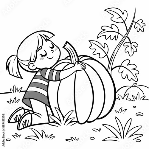 Girl embrace pumpkin at pumpkin patch vector illustration of coloring page black and white