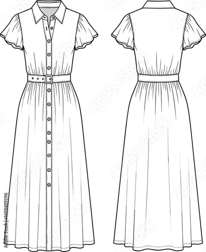 Shirt dress flat sketch with ruffle sleeves, button front, belt waist, back view included, technical fashion cad drawing vector