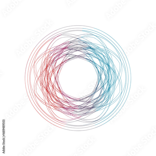 Abstract circular geometric pattern with intertwined lines and subtle gradient color transition from red to blue