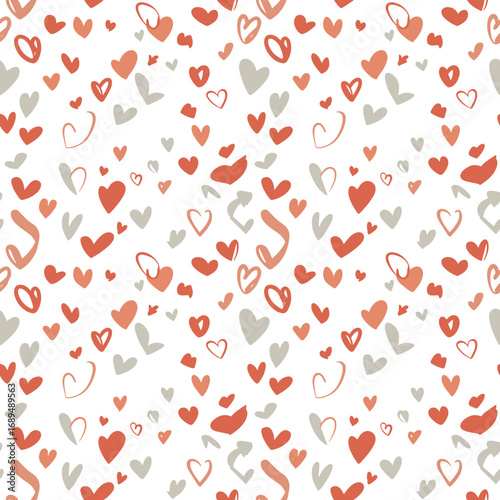 A whimsical collage of hand drawn hearts and swirls in soft coral and warm gray hues adorning a white backdrop