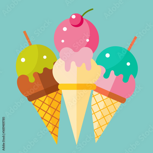 Three colorful ice cream cones