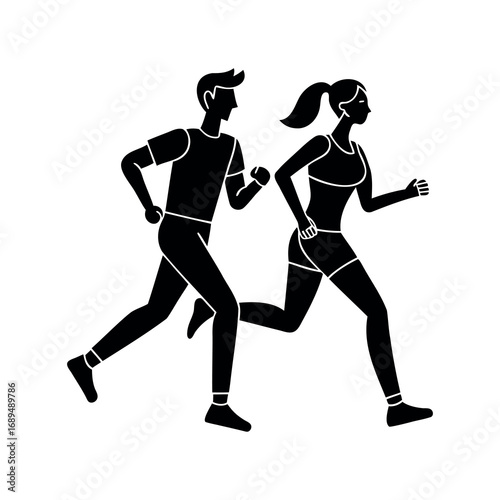 Monochrome vector illustration of a couple jogging side by side exercising