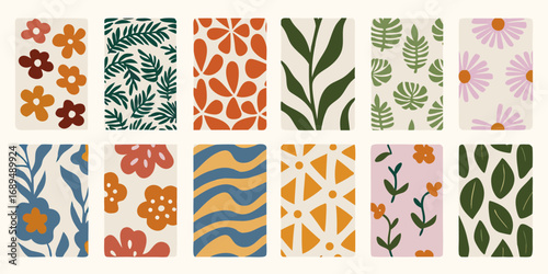 Collection of twelve abstract floral and leaf patterns in a retro color palette