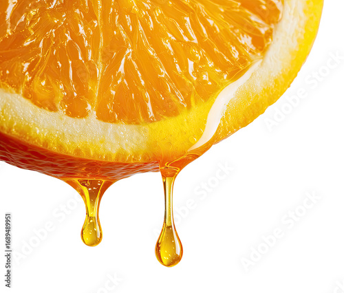 Close-up of an orange slice with dripping juice