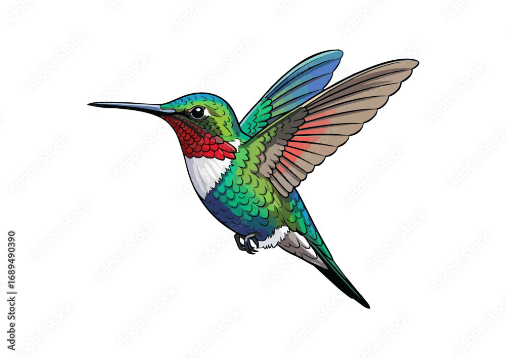 Obraz premium Colorful hummingbird in mid-flight with a minimalist background for illustration concept