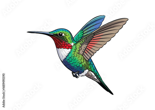 Colorful hummingbird in mid-flight with a minimalist background for illustration concept