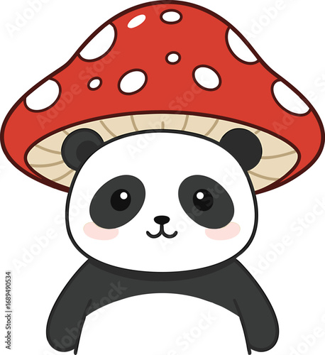 Adorable cartoon panda bear wearing a red and white mushroom hat illustration