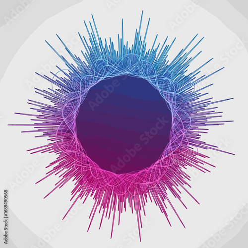 Abstract digital art sound waveform visualization with vibrant gradient colors creating a circular explosion effect on a clean background