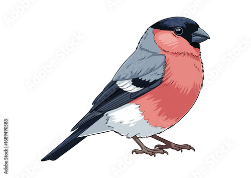 Colorful bullfinch standing on a branch with a minimalist background for illustration concept
