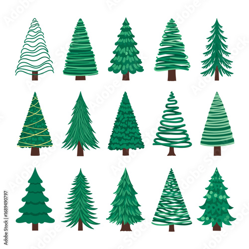 A collection of various green pine and fir trees in different artistic styles and textures for seasonal decorations