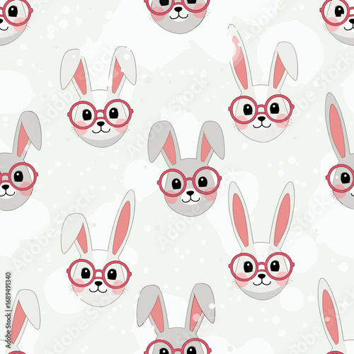Adorable hipster bunnies with glasses adorning a whimsical snowfall background pattern