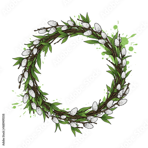 A beautiful circular wreath made of natural green branches and fuzzy white willow catkins decorated with splashes of light green paint