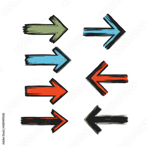 Collection of stylized hand drawn arrow icons pointing in opposite directions and various colors