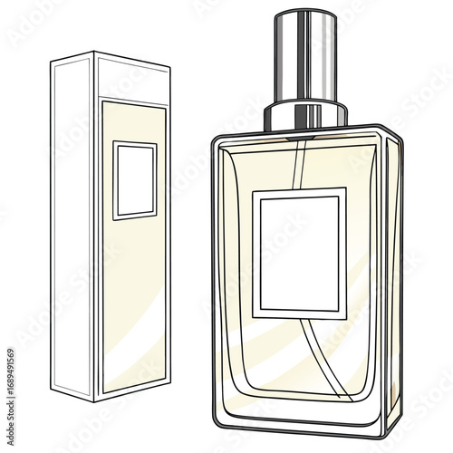 Realistic glass perfume bottle mockup with elegant design and customizable label space perfect for beauty product branding and advertising presentations