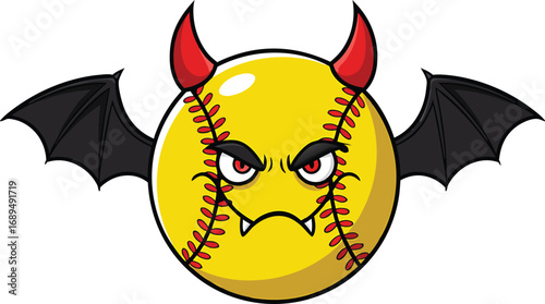 Cartoon illustration of a baseball with demon horns and bat wings as a funny mascot