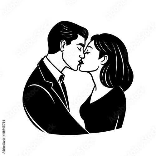 Passionate embrace, a stylized monochrome illustration of a couple in love