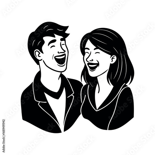 Monochrome illustration of a happy couple laughing together, sharing a joyful moment